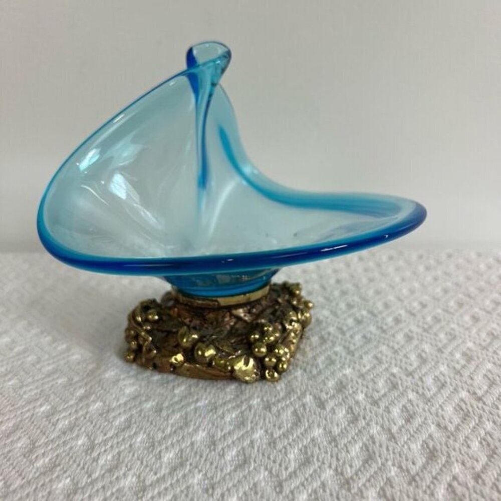 Vintage Hand Blown Blue Glass Bowl Tray Plate Centerpiece Metal Gold Base MCM